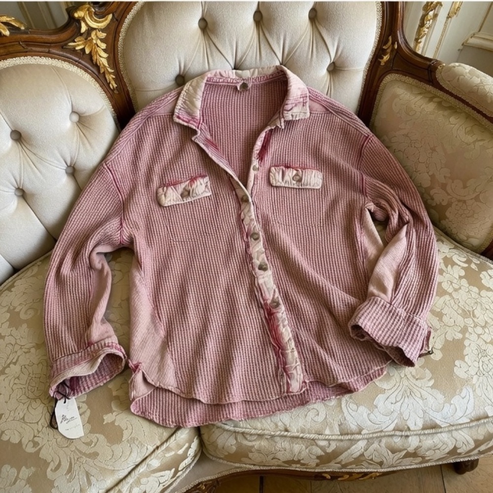 FP One Free People Pink Scout Jacket Waffle Knit Top Shirt Oversize Cotton L
